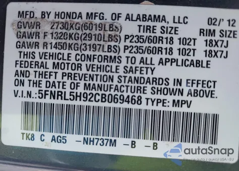 2012 Honda Odyssey Touring/Touring Elite z USA, uszkodzony, nr VIN 5FNRL5H92CB069468